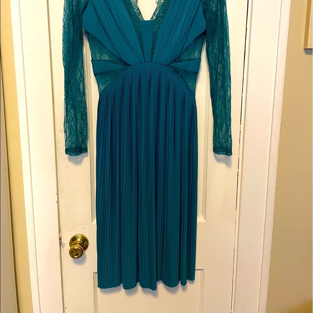 NWT teal ASOS midi dress, lace long sleeves and lace cutouts